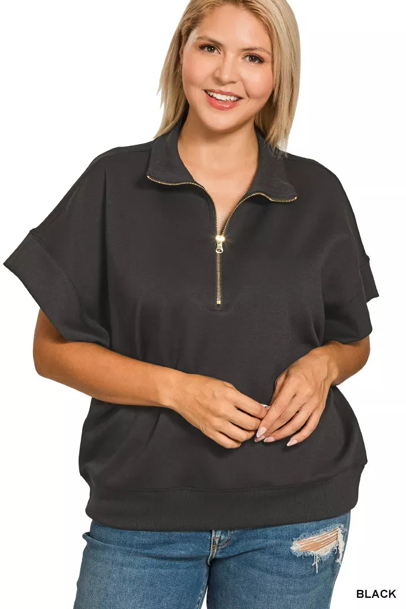 Zenana Full Size Scuba High Neck Half Zip Short Sleeve Top Plus Size sold by Charming Charlie product image thumbnail 3