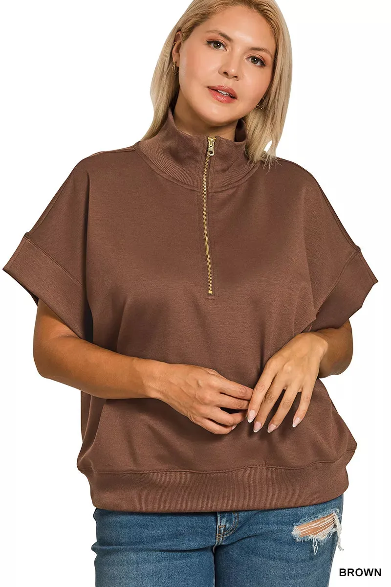 Zenana Full Size Scuba High Neck Half Zip Short Sleeve Top Plus Size sold by Charming Charlie product image thumbnail 3