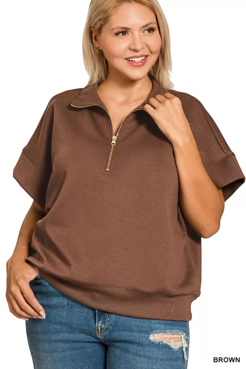 Zenana Full Size Scuba High Neck Half Zip Short Sleeve Top Plus Size sold by Charming Charlie product image thumbnail 4