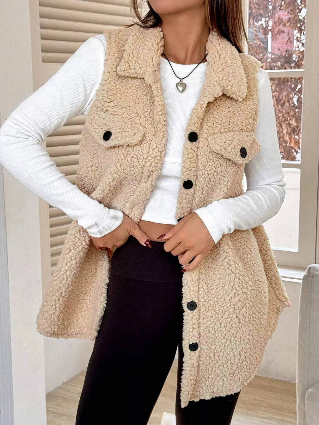 Button-Down Sherpa Fleece Vest Coat sold by Charming Charlie product image thumbnail 5
