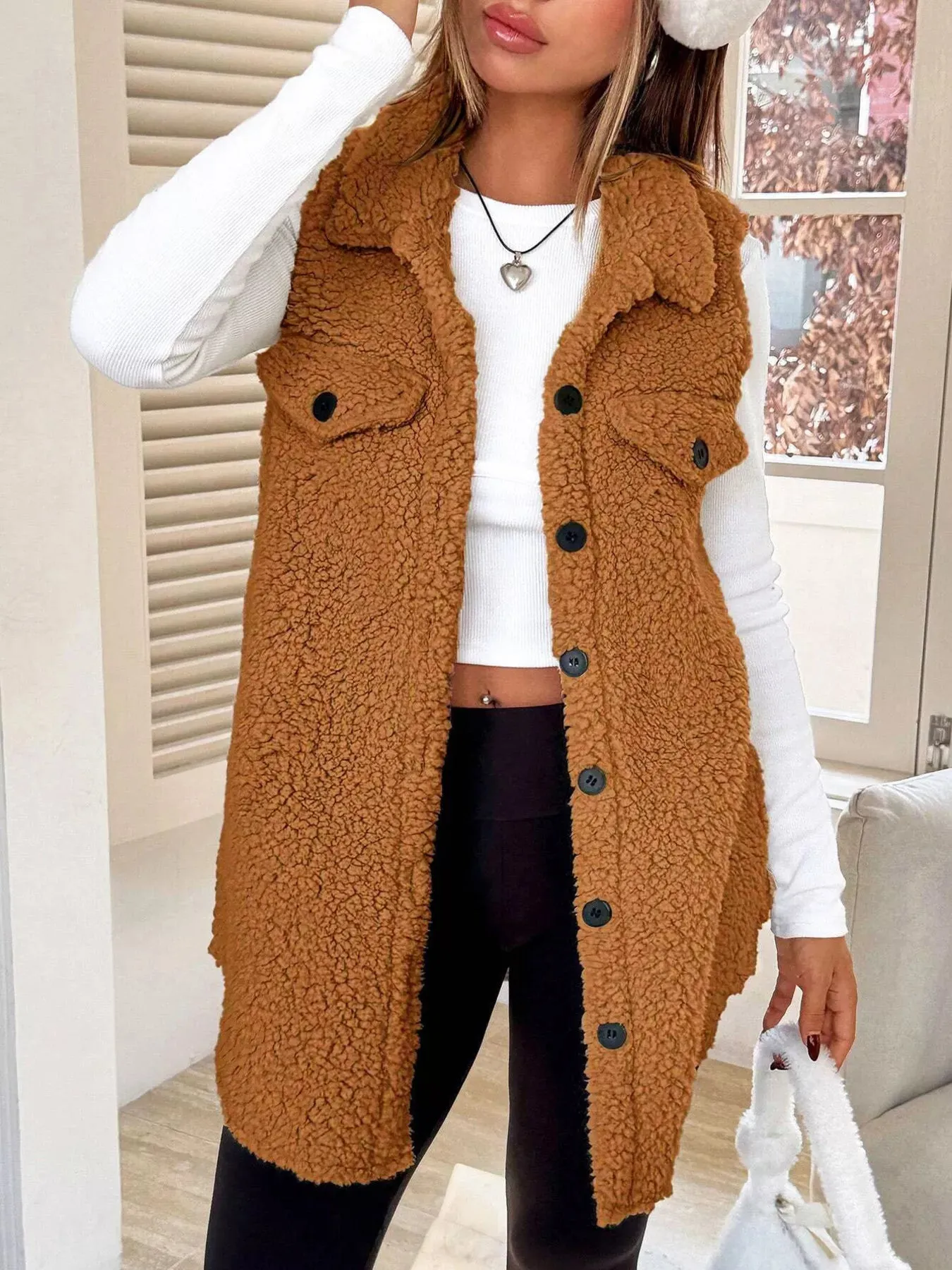 Button-Down Sherpa Fleece Vest Coat sold by Charming Charlie product image thumbnail 2