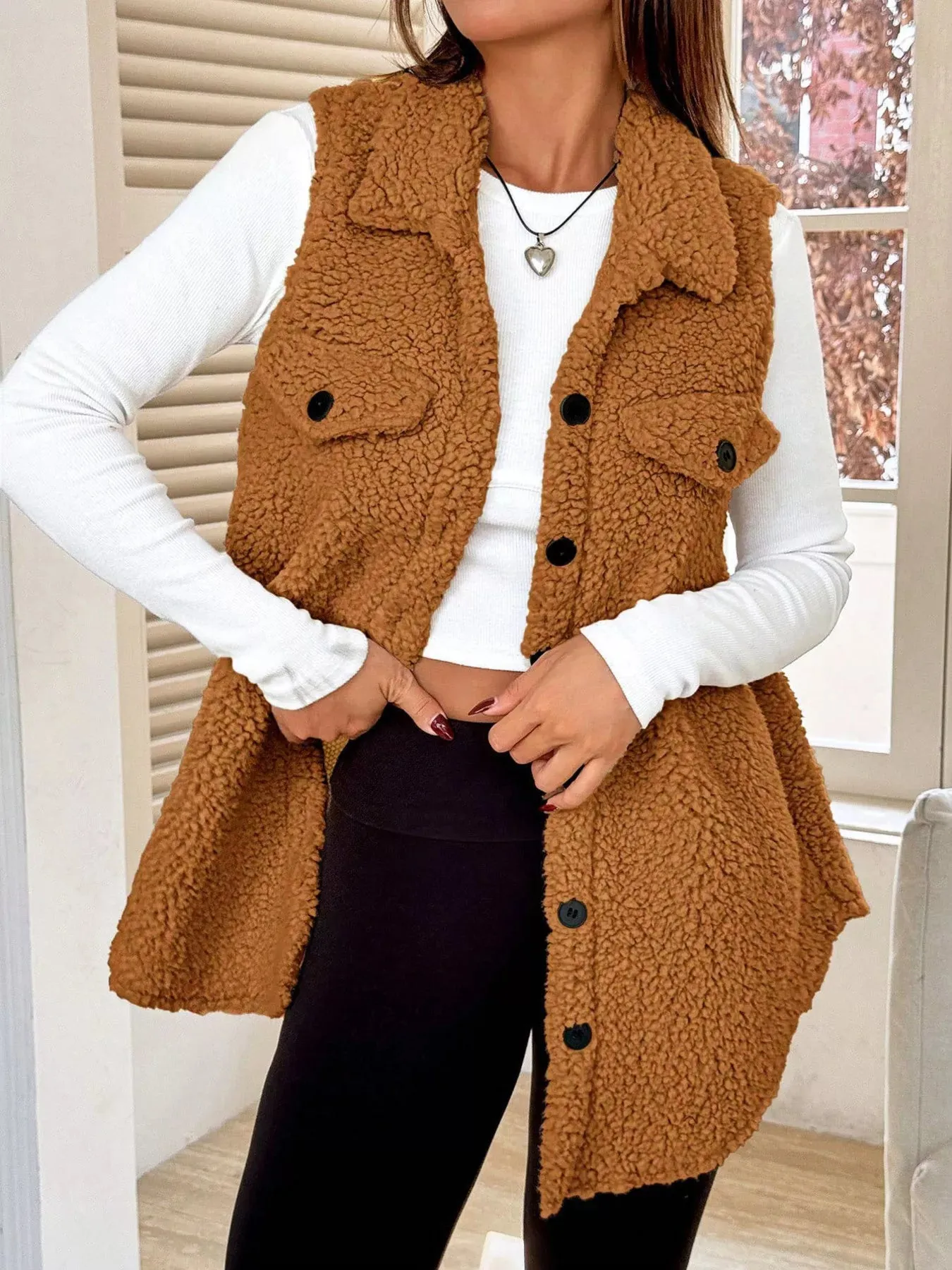 Button-Down Sherpa Fleece Vest Coat sold by Charming Charlie product image thumbnail 3