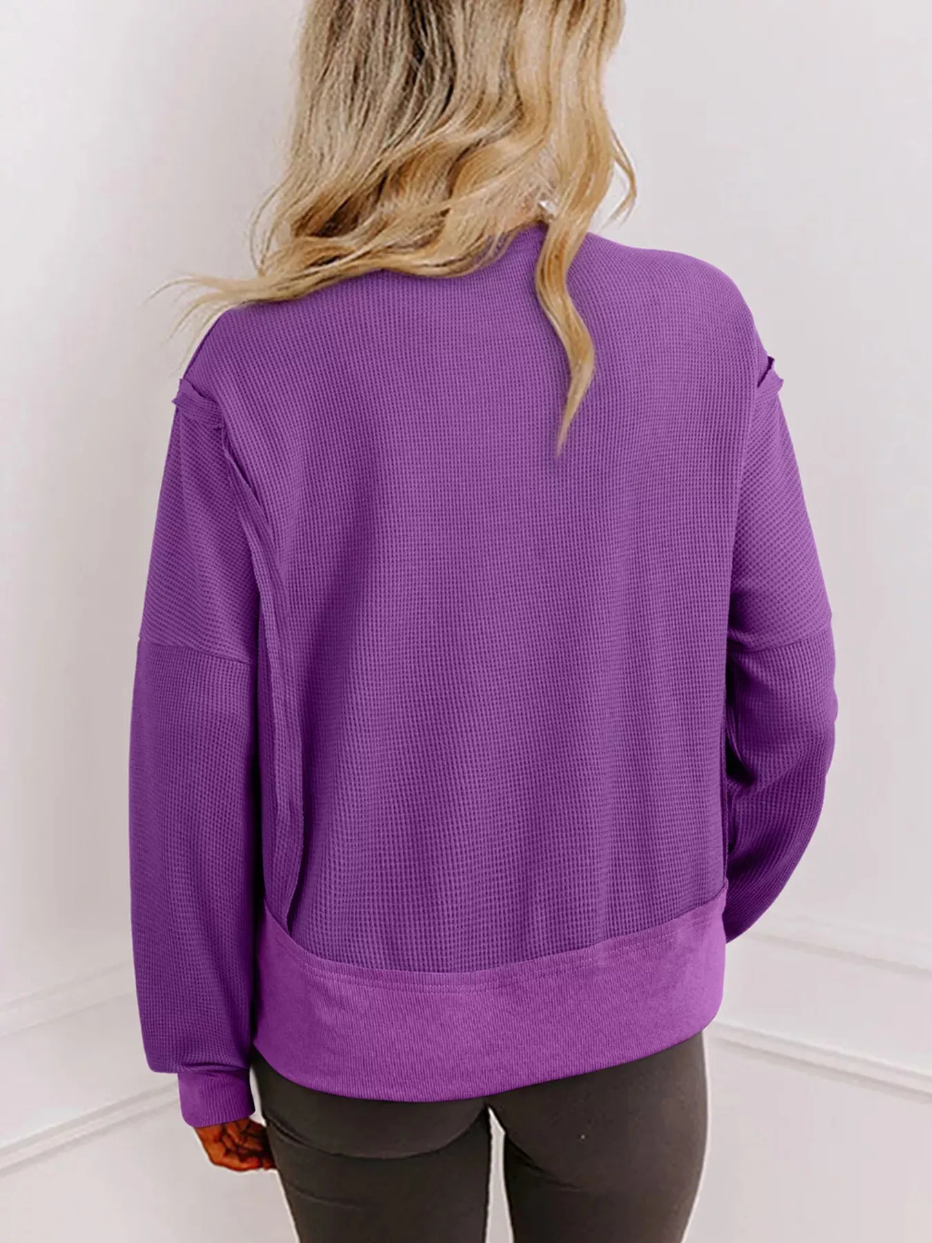 Solid Color Raw Seam Patchwork Ribbed Drop Shoulder Sweatshirt sold by Charming Charlie product image thumbnail 2