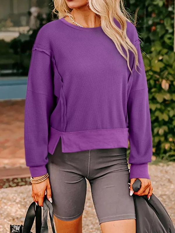 Solid Color Raw Seam Patchwork Ribbed Drop Shoulder Sweatshirt sold by Charming Charlie