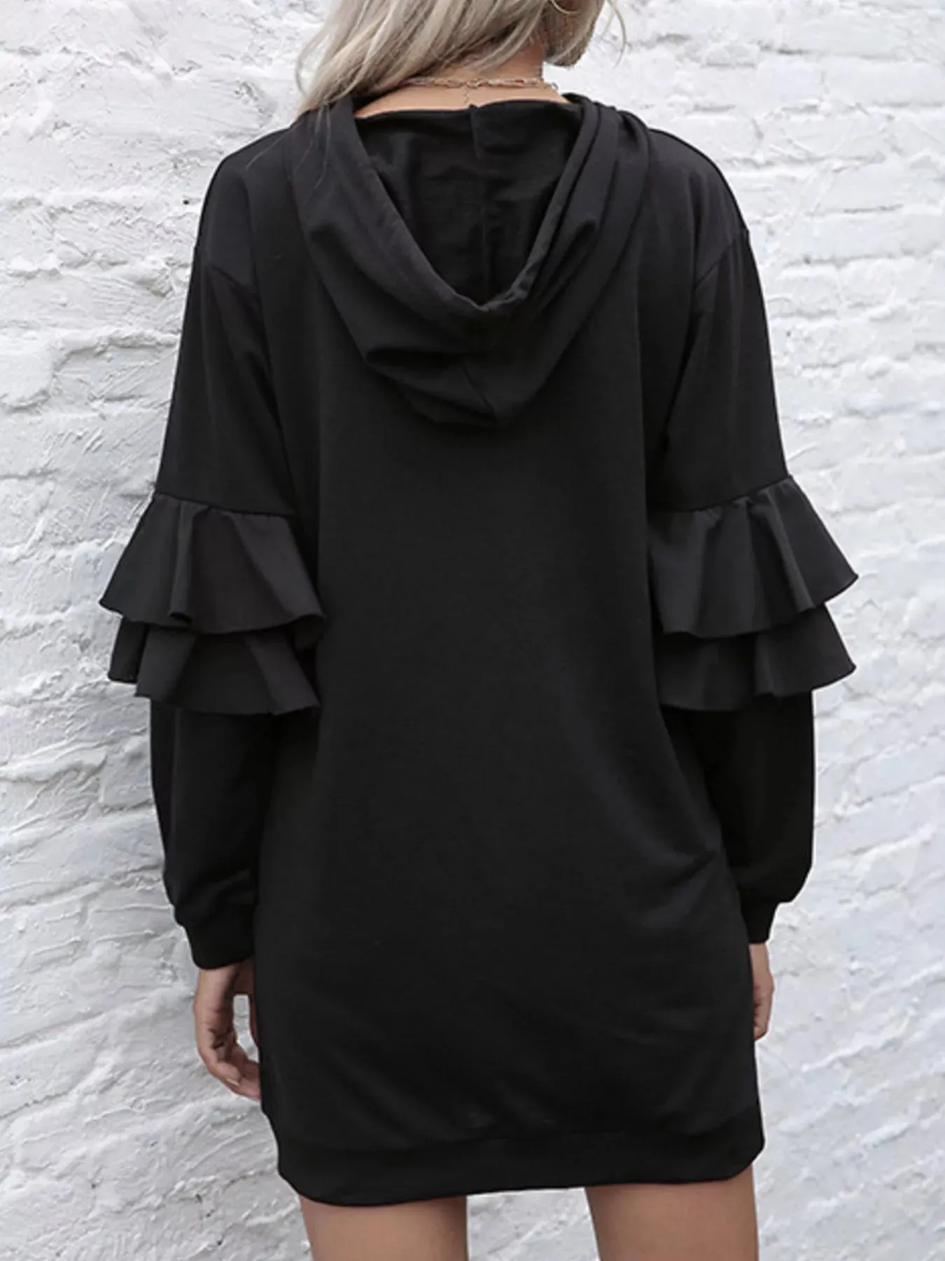 Ruffled Drawstring Long Sleeve Hooded Dress sold by Charming Charlie product image thumbnail 4