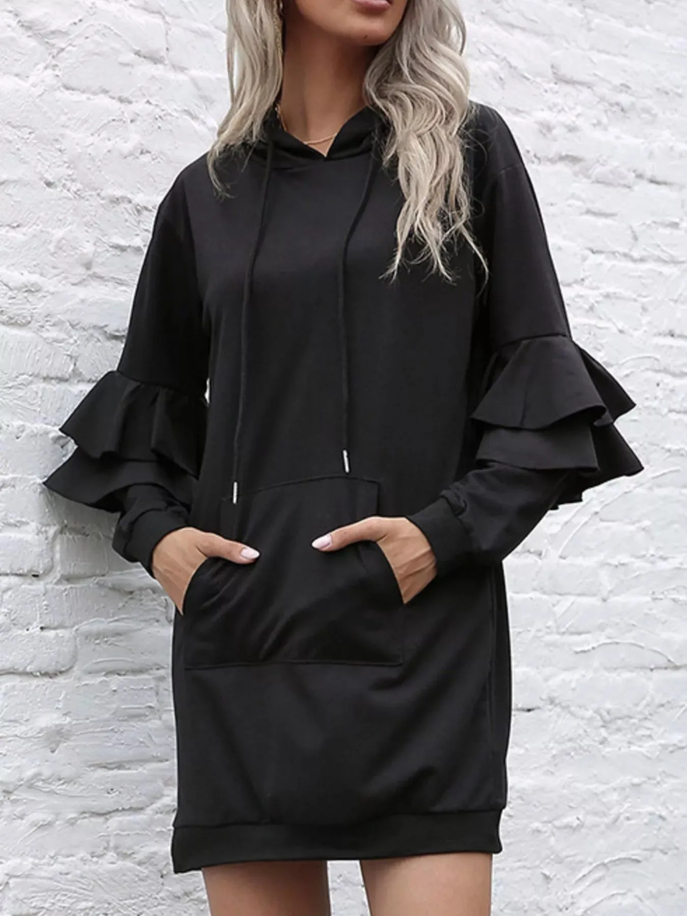 Ruffled Drawstring Long Sleeve Hooded Dress sold by Charming Charlie