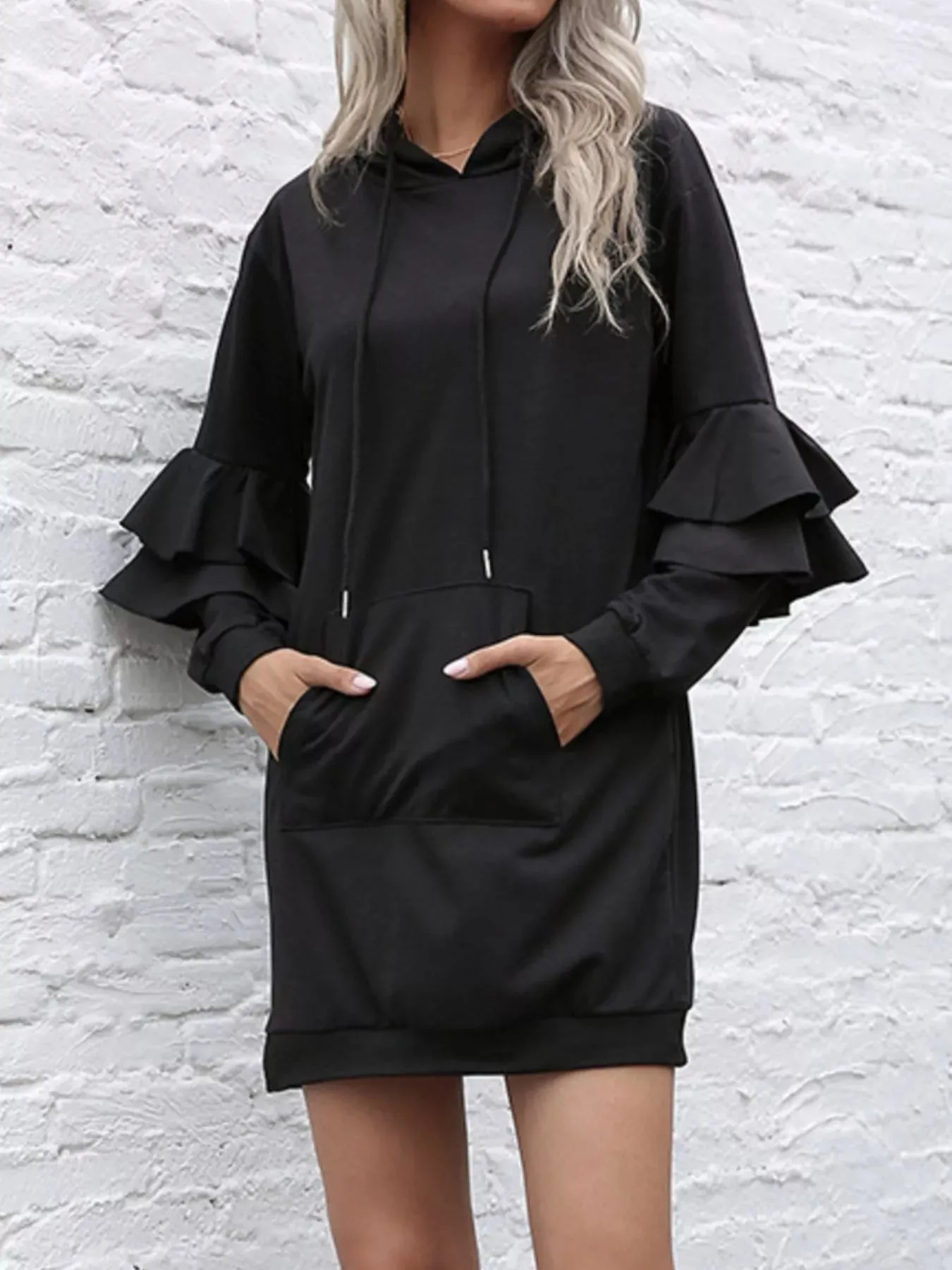 Ruffled Drawstring Long Sleeve Hooded Dress sold by Charming Charlie product image thumbnail 5