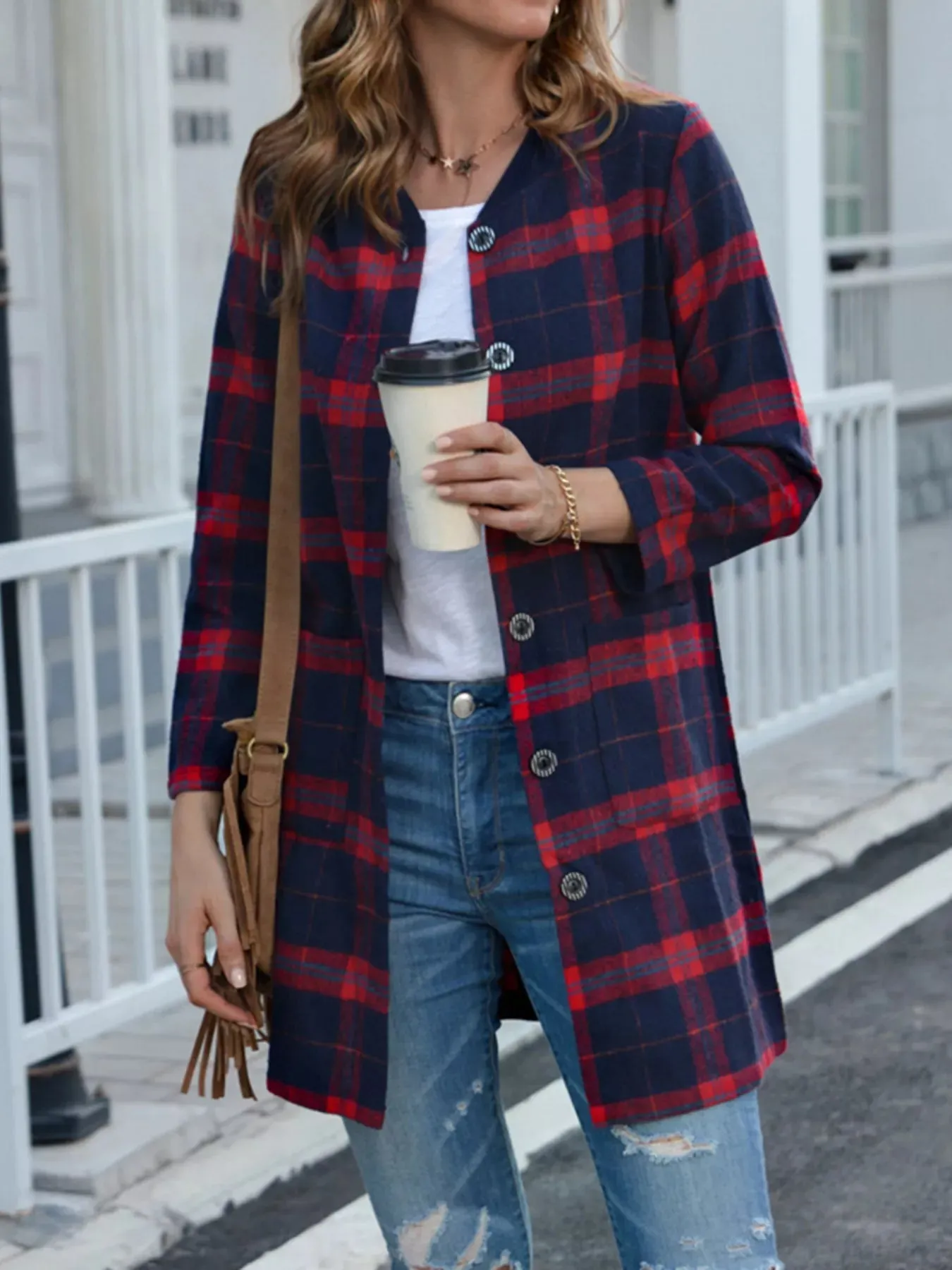 Plus Size Plaid Button-Down Longline Shirt sold by Charming Charlie product image thumbnail 2