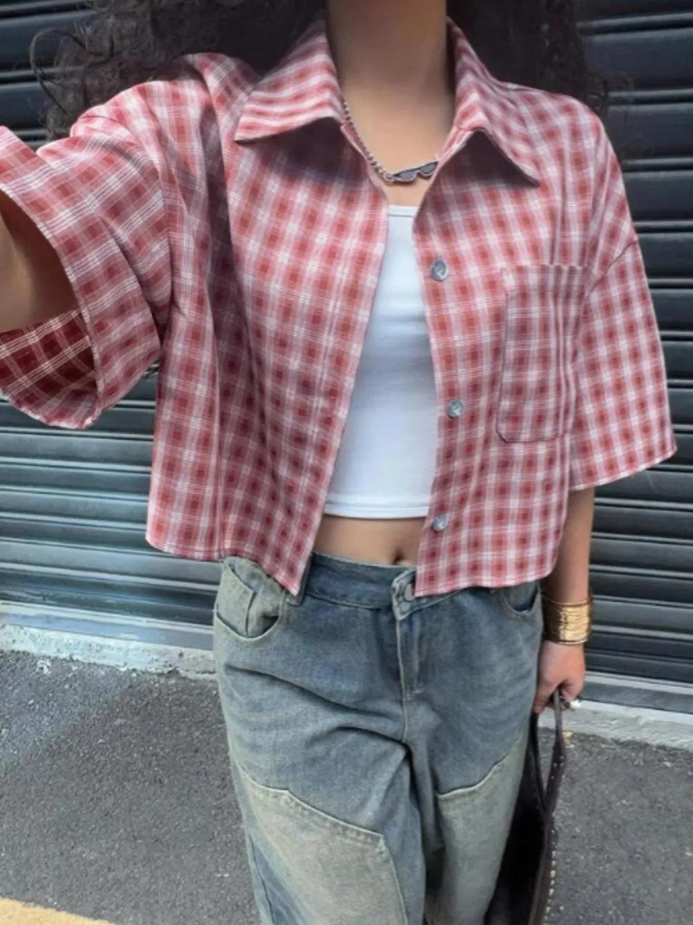 Plaid Button Up Cropped Shirt sold by Charming Charlie product image thumbnail 3