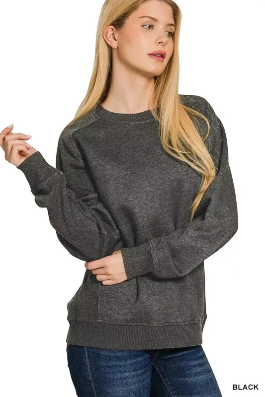 Zenana Acid Washed Fleece Sweatshirt with Side Rib sold by Charming Charlie