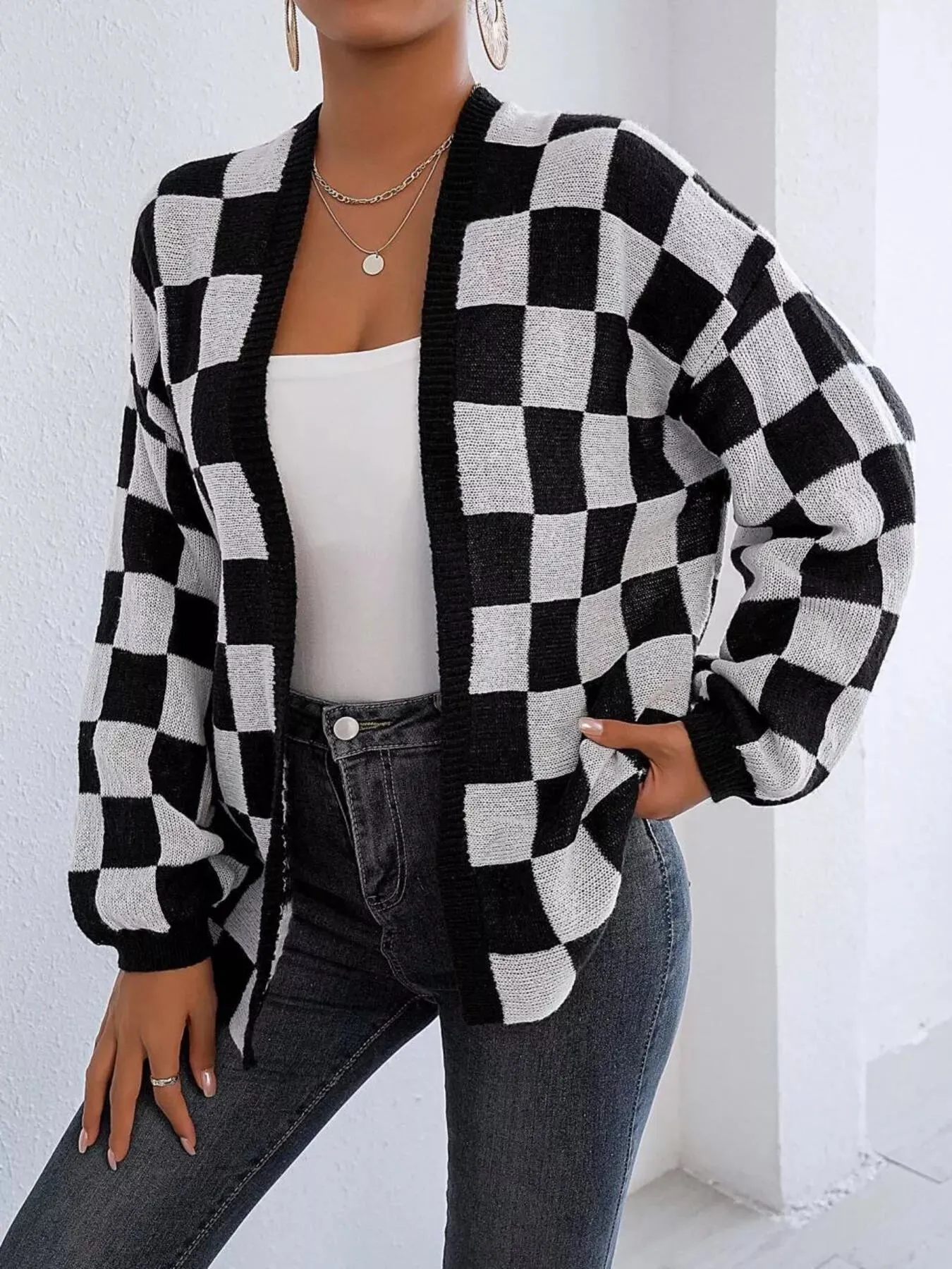 Checkerboard Pattern Open Front Knit Cardigan sold by Charming Charlie product image thumbnail 3