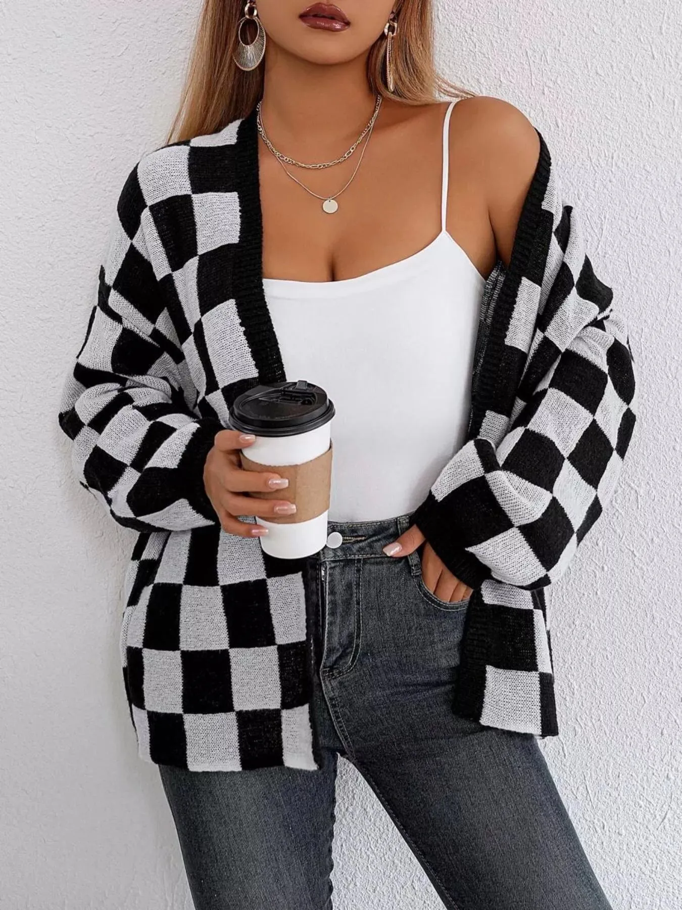Checkerboard Pattern Open Front Knit Cardigan sold by Charming Charlie product image thumbnail 4