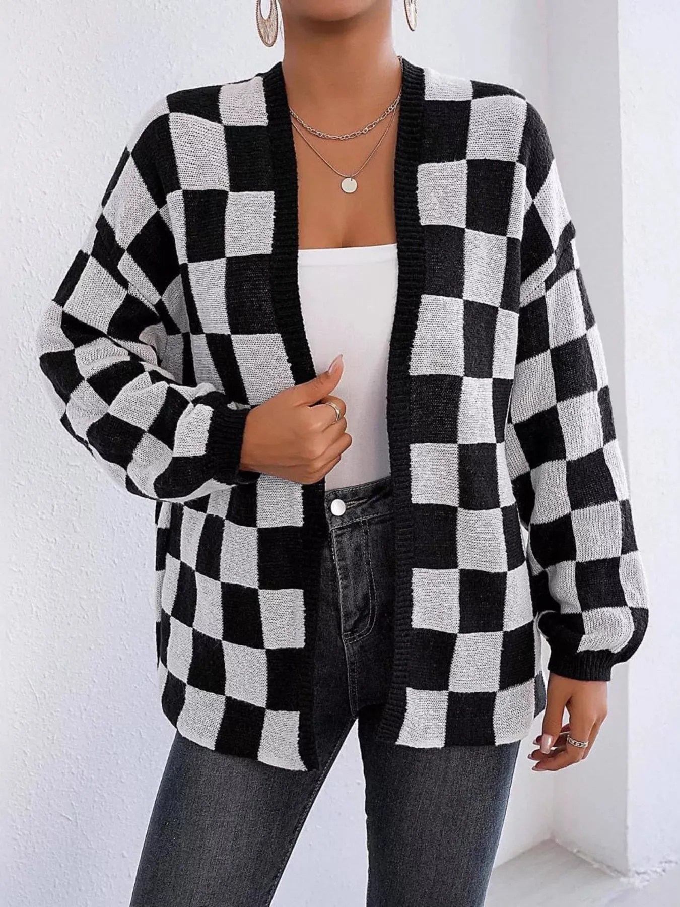 Checkerboard Pattern Open Front Knit Cardigan sold by Charming Charlie