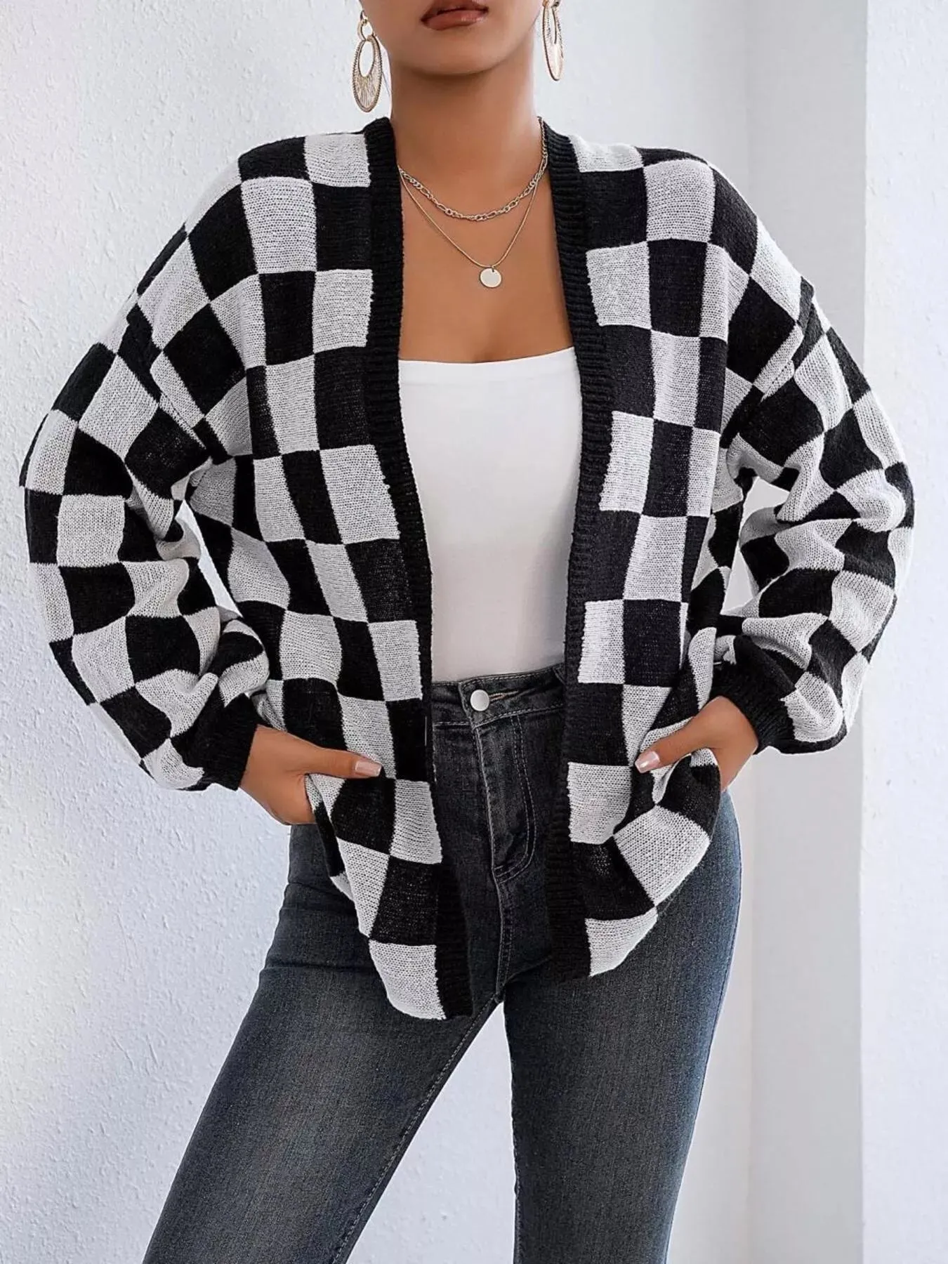 Checkerboard Pattern Open Front Knit Cardigan sold by Charming Charlie product image thumbnail 5