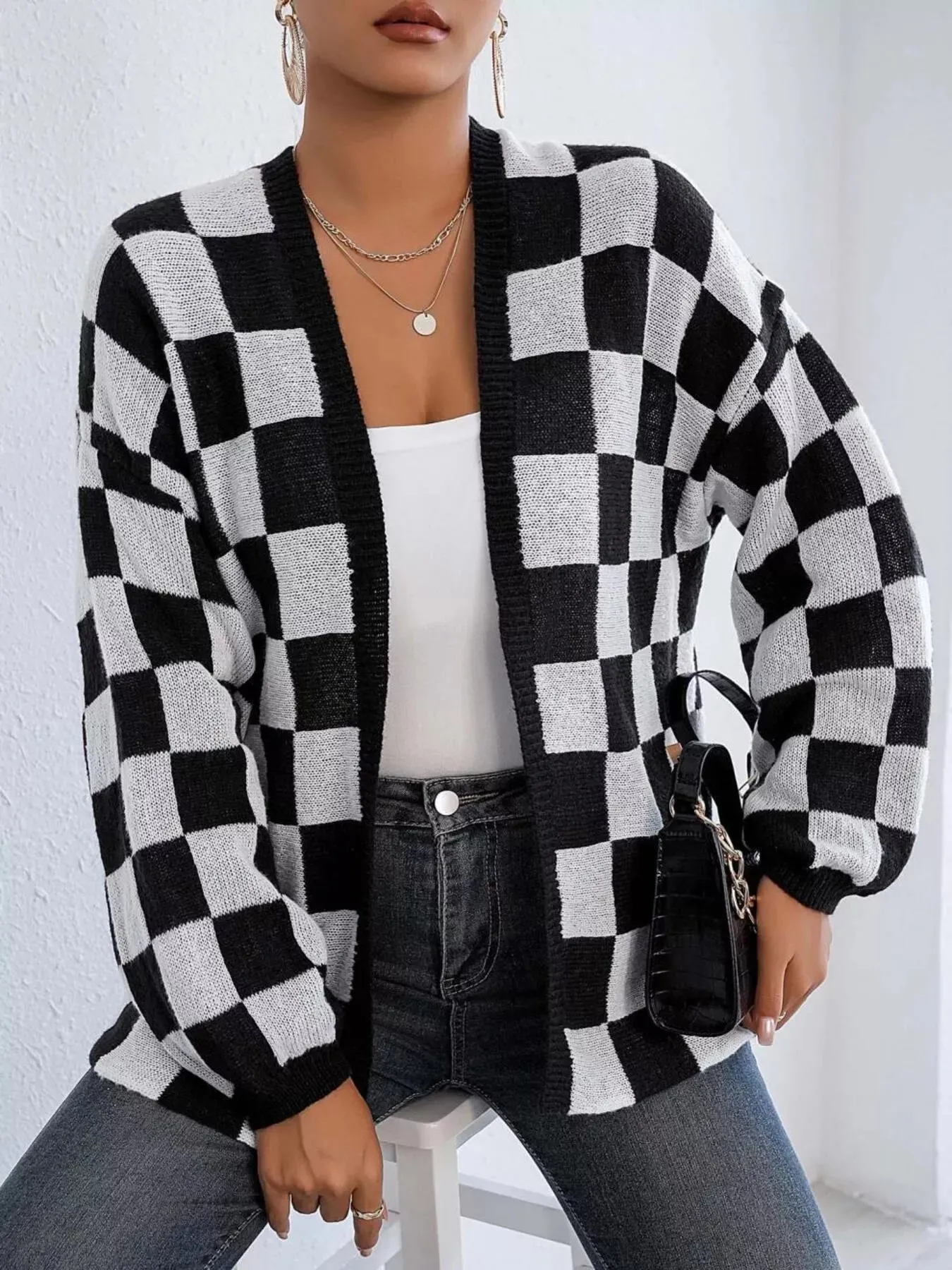 Checkerboard Pattern Open Front Knit Cardigan sold by Charming Charlie product image thumbnail 2