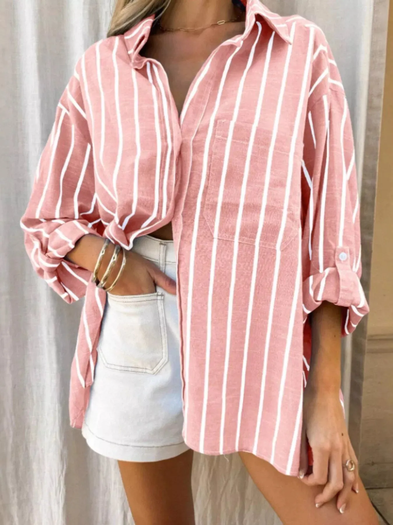Striped Oversized Button-Down Shirt sold by Charming Charlie