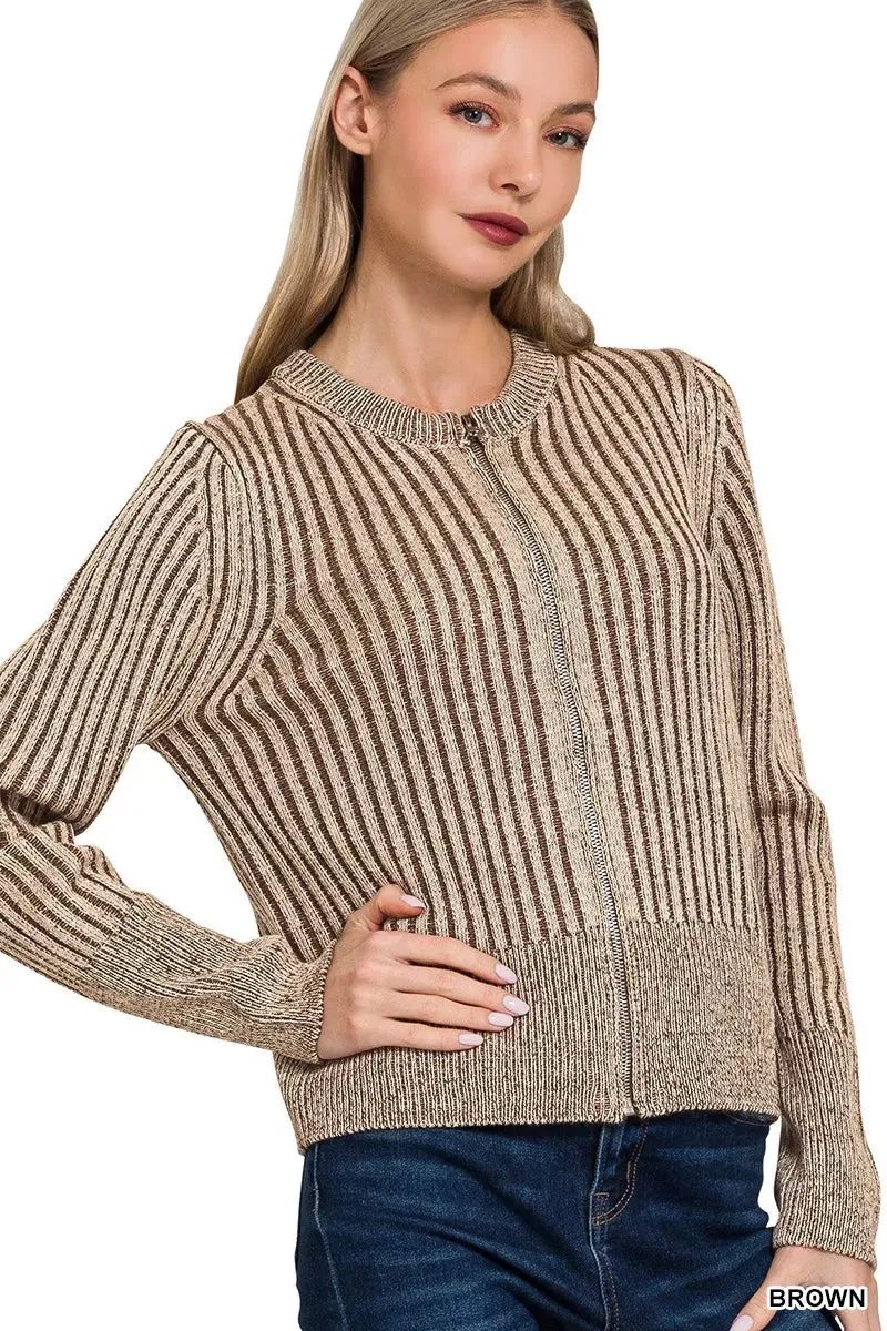 Zenana Ribbed Two Tone Zip Up Sweater Cardigan sold by Charming Charlie