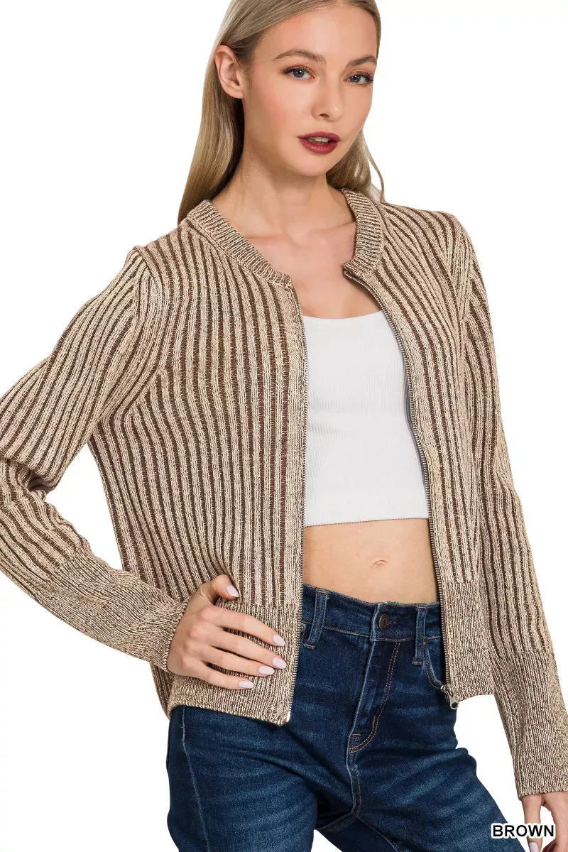 Zenana Ribbed Two Tone Zip Up Sweater Cardigan sold by Charming Charlie product image thumbnail 2