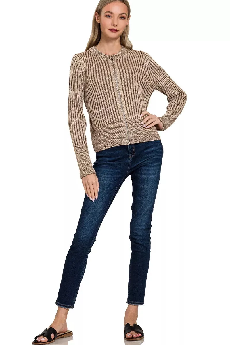 Zenana Ribbed Two Tone Zip Up Sweater Cardigan sold by Charming Charlie product image thumbnail 3
