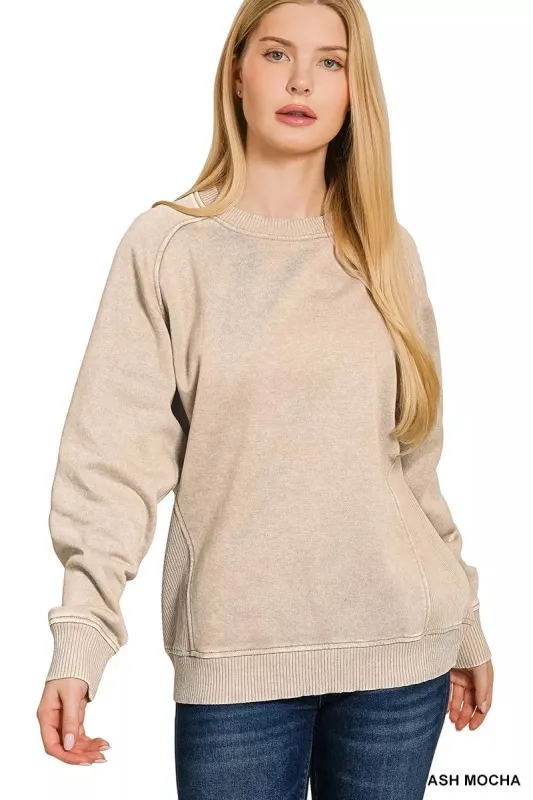 Zenana Acid Washed Fleece Sweatshirt with Side Rib sold by Charming Charlie