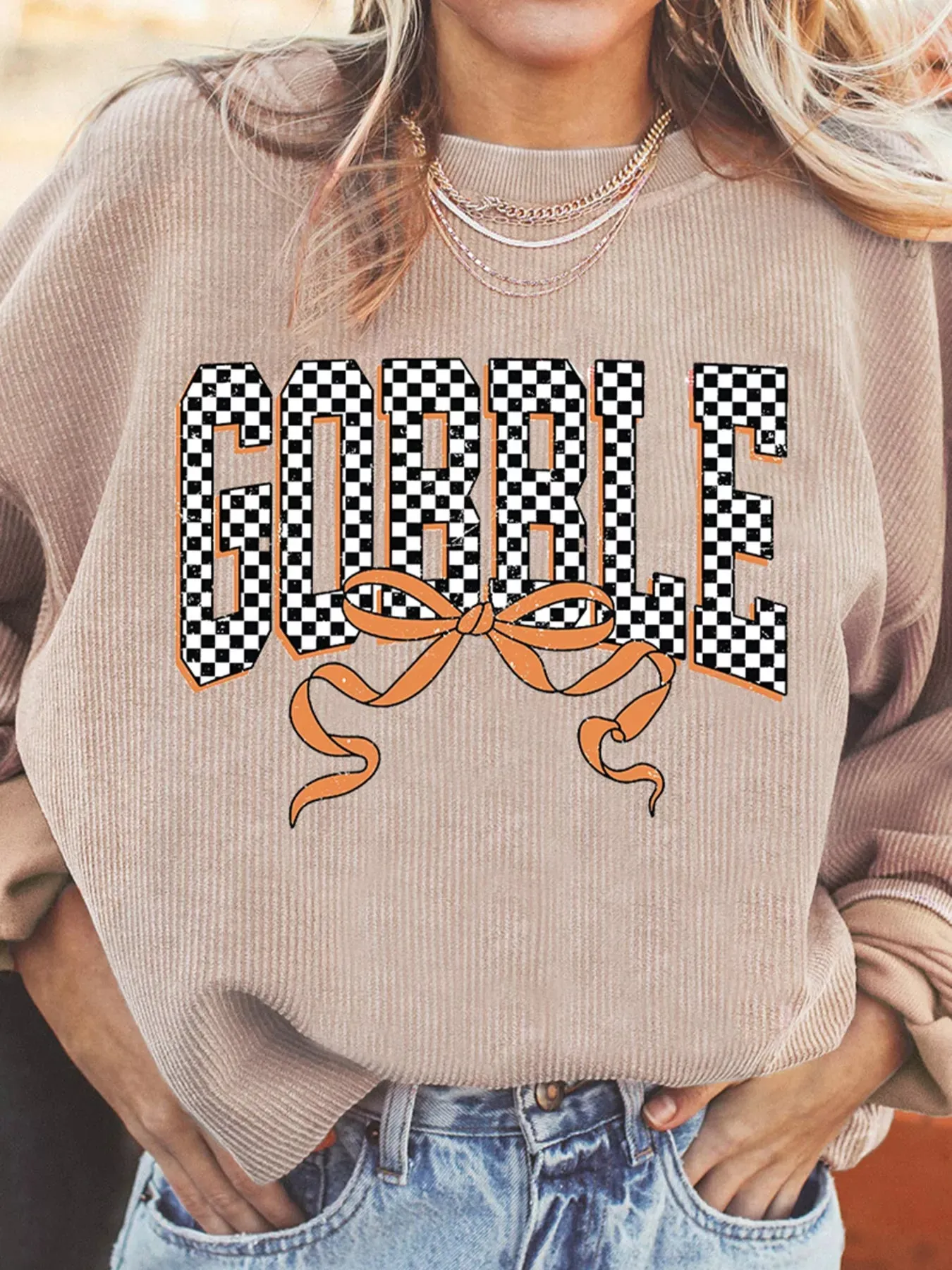 Twisted Ribbed Texture Checkered GOBBLE Bow Baggy Sweatshirt sold by Charming Charlie product image thumbnail 3