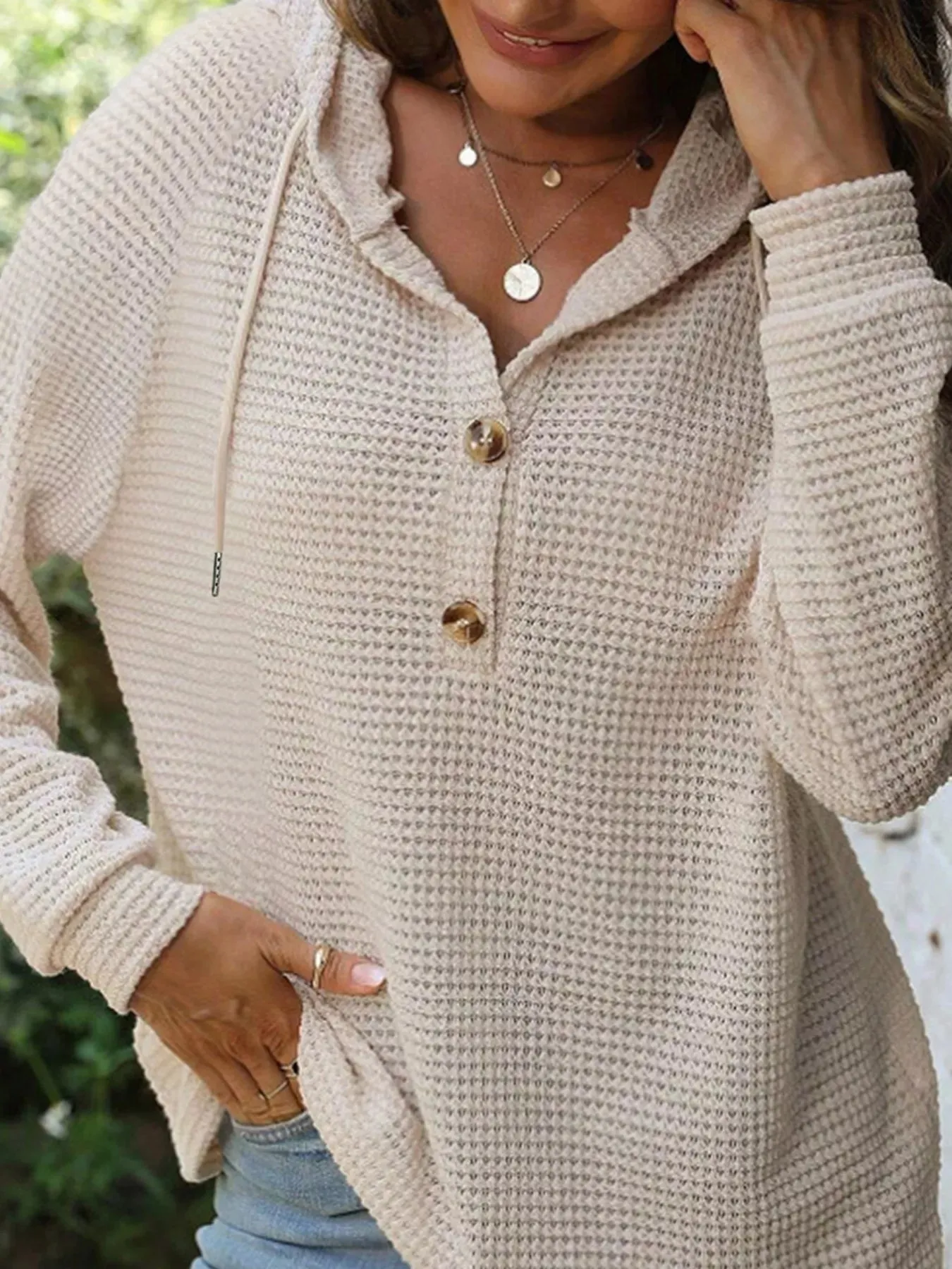 Casual Waffle Knit Button Detail Hoodie sold by Charming Charlie product image thumbnail 3