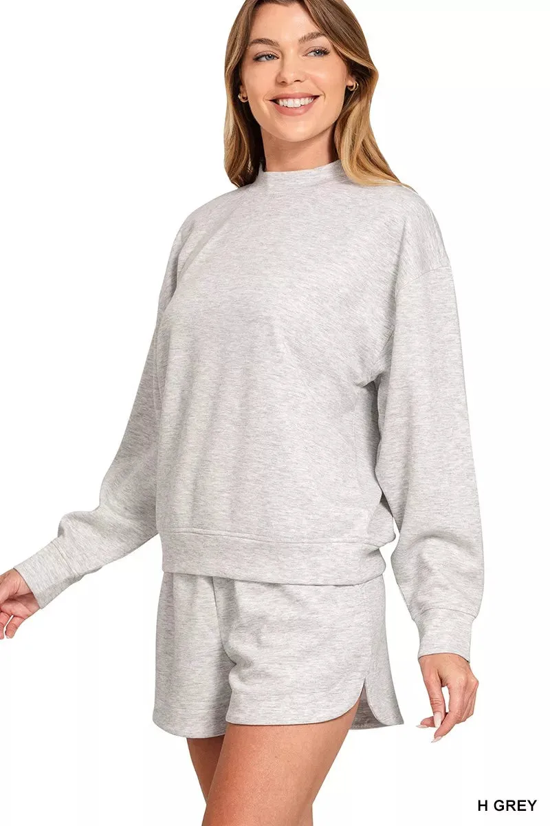 Zenana Scuba Long Sleeve Sweatshirt and Shorts Set sold by Charming Charlie