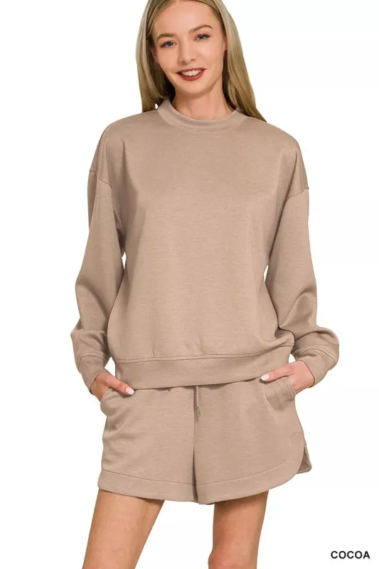 Zenana Scuba Long Sleeve Sweatshirt and Shorts Set sold by Charming Charlie
