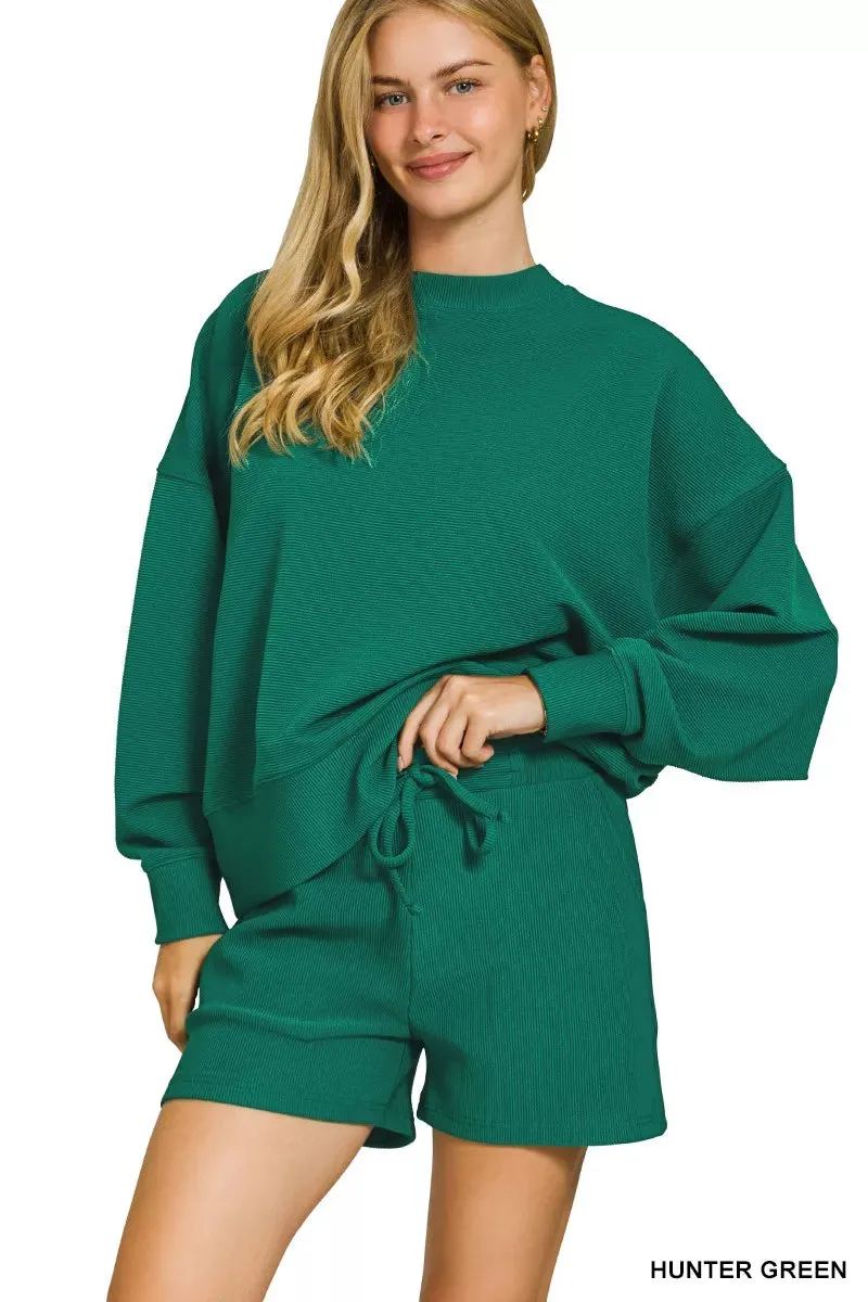 Zenana Ribbed Round Neck Pullover and Shorts Set sold by Charming Charlie