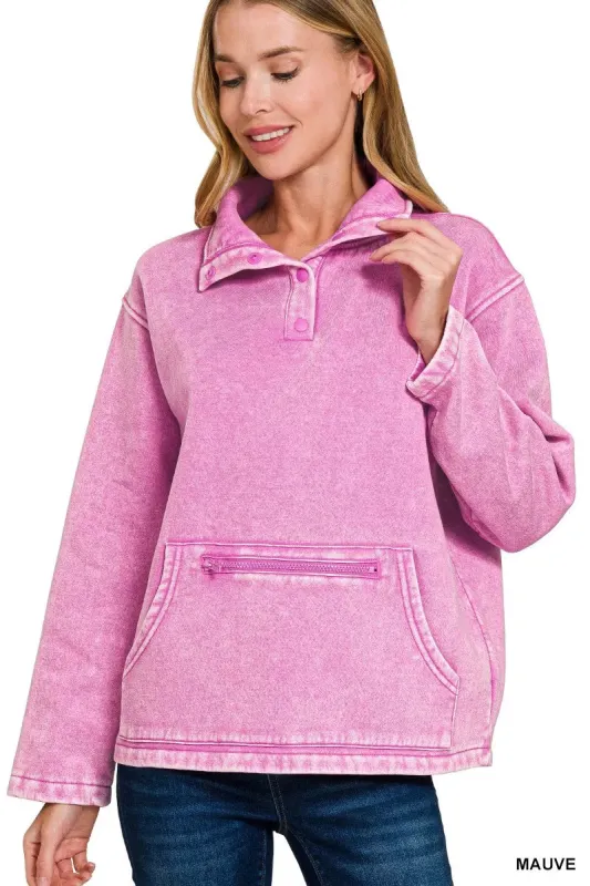 Zenana Fleece Washed High Neck Kangaroo Pocket Sweatshirt sold by Charming Charlie