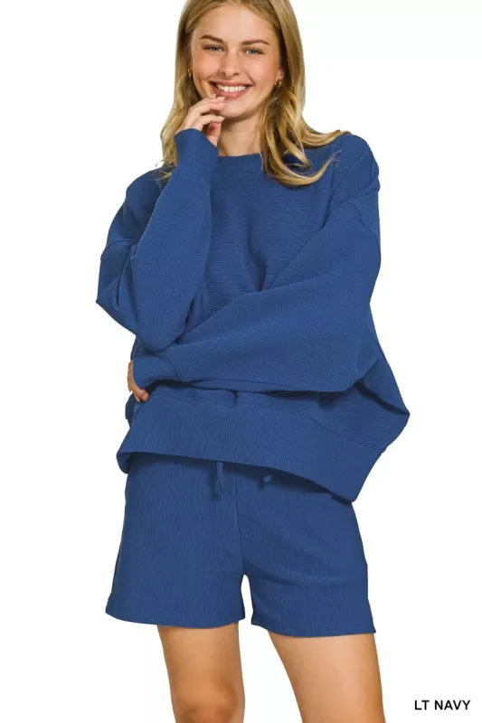 Zenana Ribbed Round Neck Pullover and Shorts Set sold by Charming Charlie