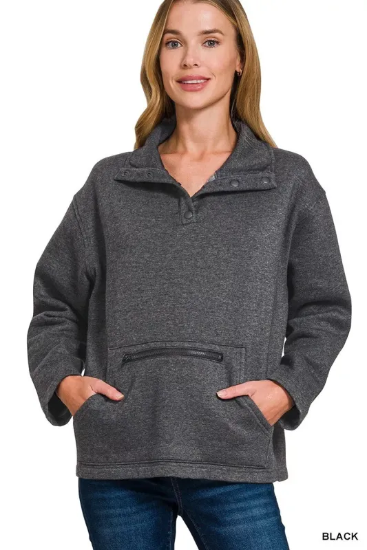 Zenana Fleece Washed High Neck Kangaroo Pocket Sweatshirt sold by Charming Charlie