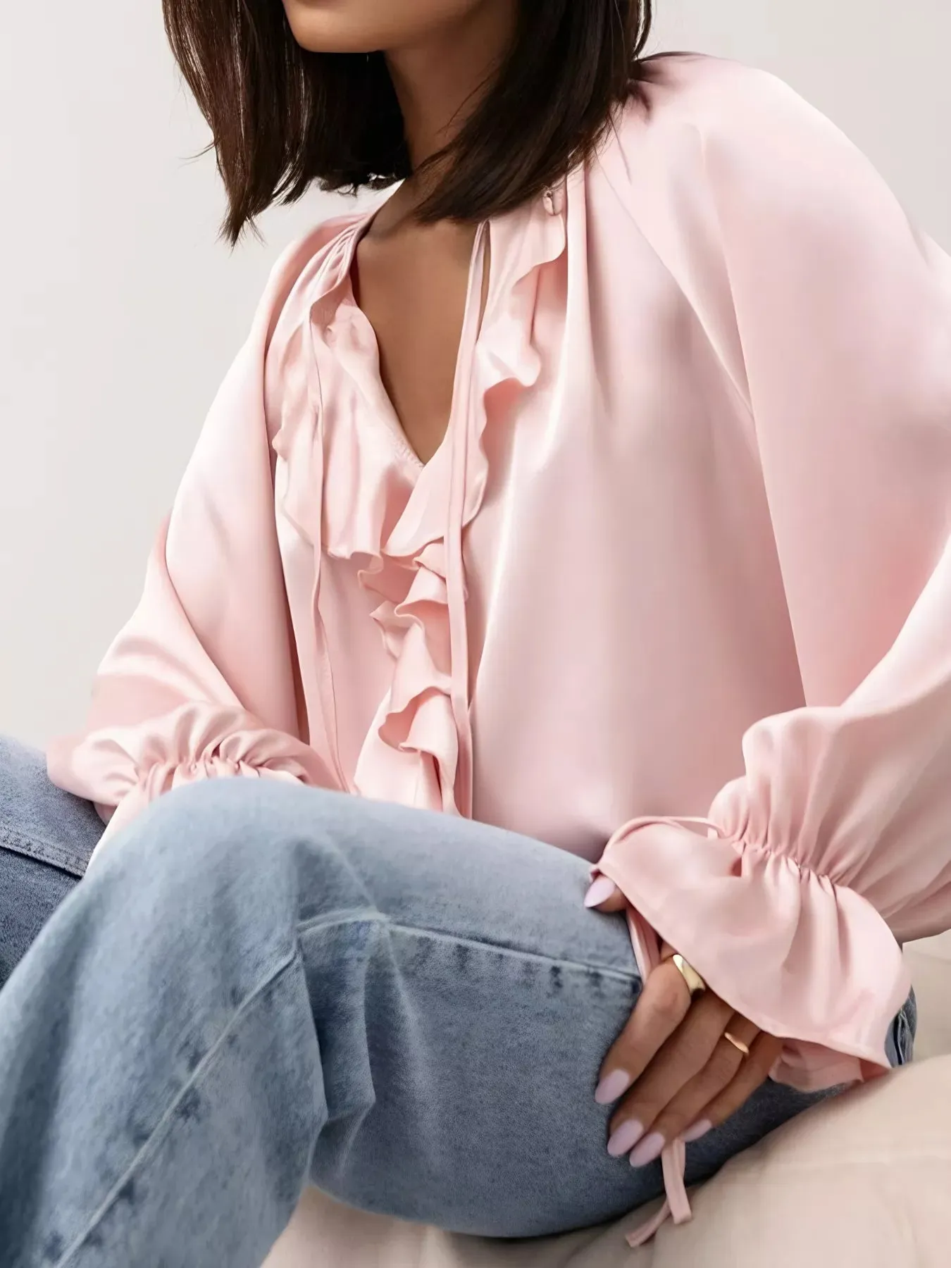 Ruffle Trim Satin Flounce Sleeve Blouse sold by Charming Charlie product image thumbnail 4