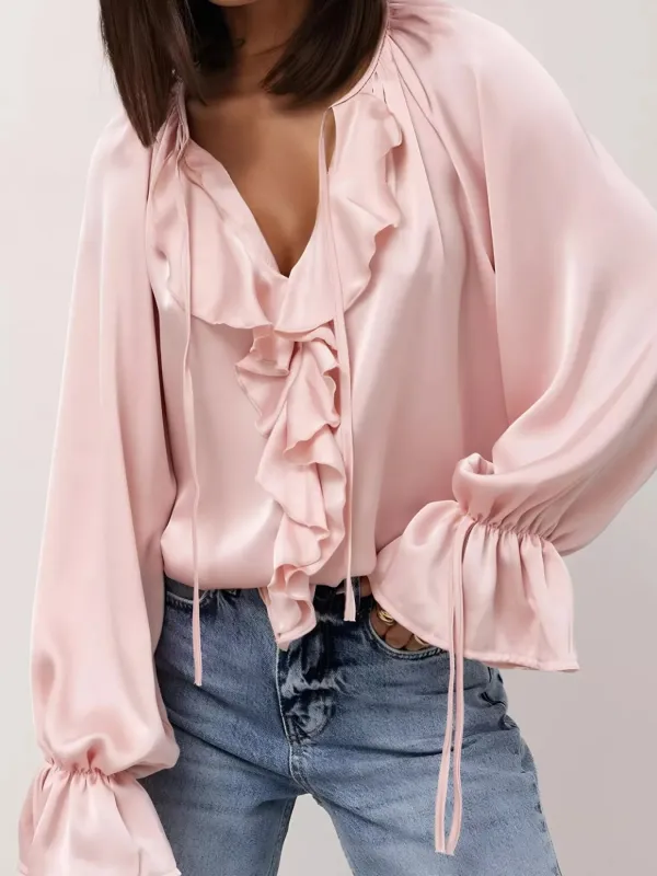 Ruffle Trim Satin Flounce Sleeve Blouse sold by Charming Charlie