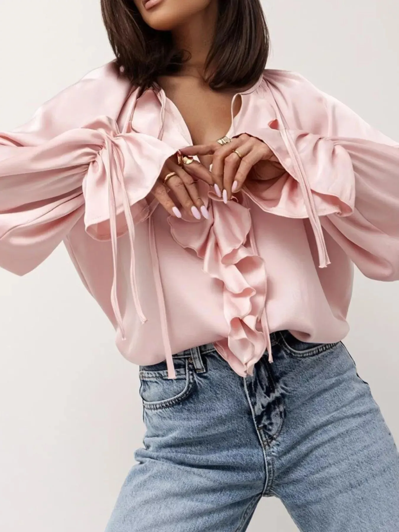 Ruffle Trim Satin Flounce Sleeve Blouse sold by Charming Charlie product image thumbnail 2