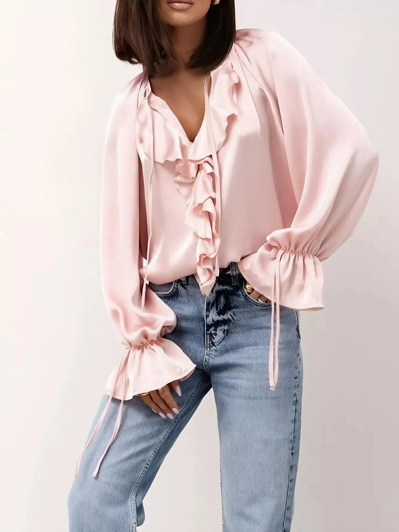Ruffle Trim Satin Flounce Sleeve Blouse sold by Charming Charlie product image thumbnail 3