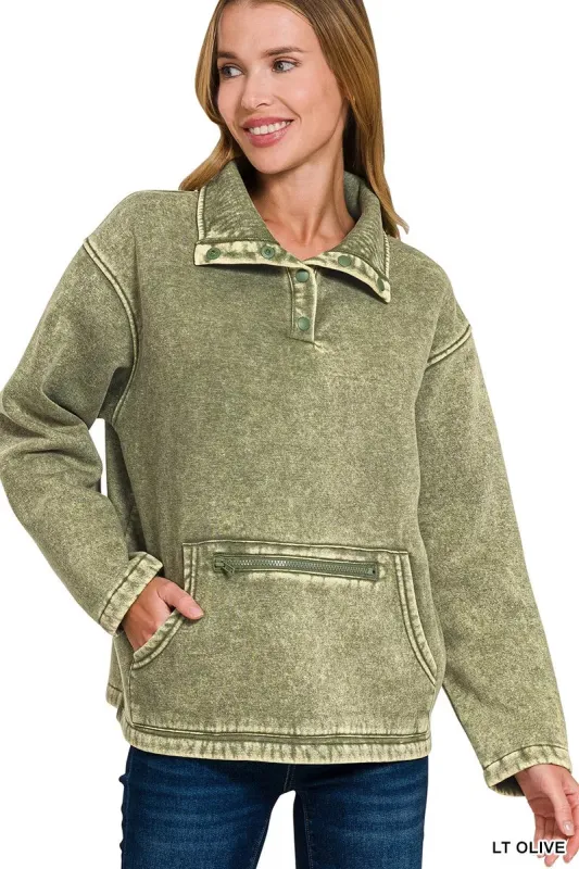 Zenana Fleece Washed High Neck Kangaroo Pocket Sweatshirt sold by Charming Charlie