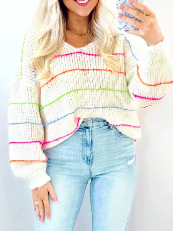 Colorful Striped Detail V Neck Drop Shoulder Baggy Sweater sold by Charming Charlie