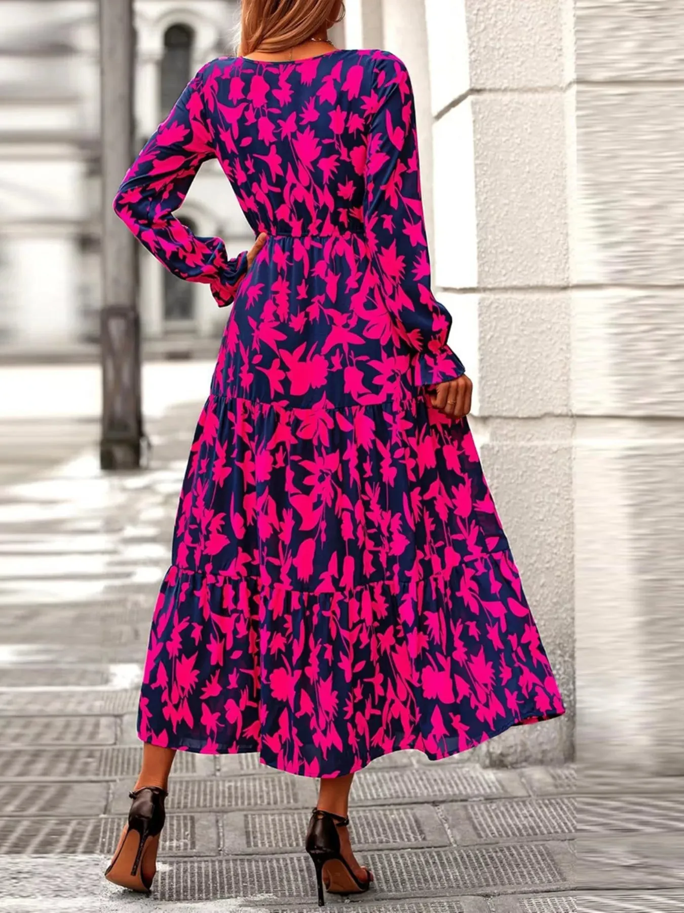 Printed V-Neck Flounce Sleeve Tiered Midi Dress sold by Charming Charlie product image thumbnail 3
