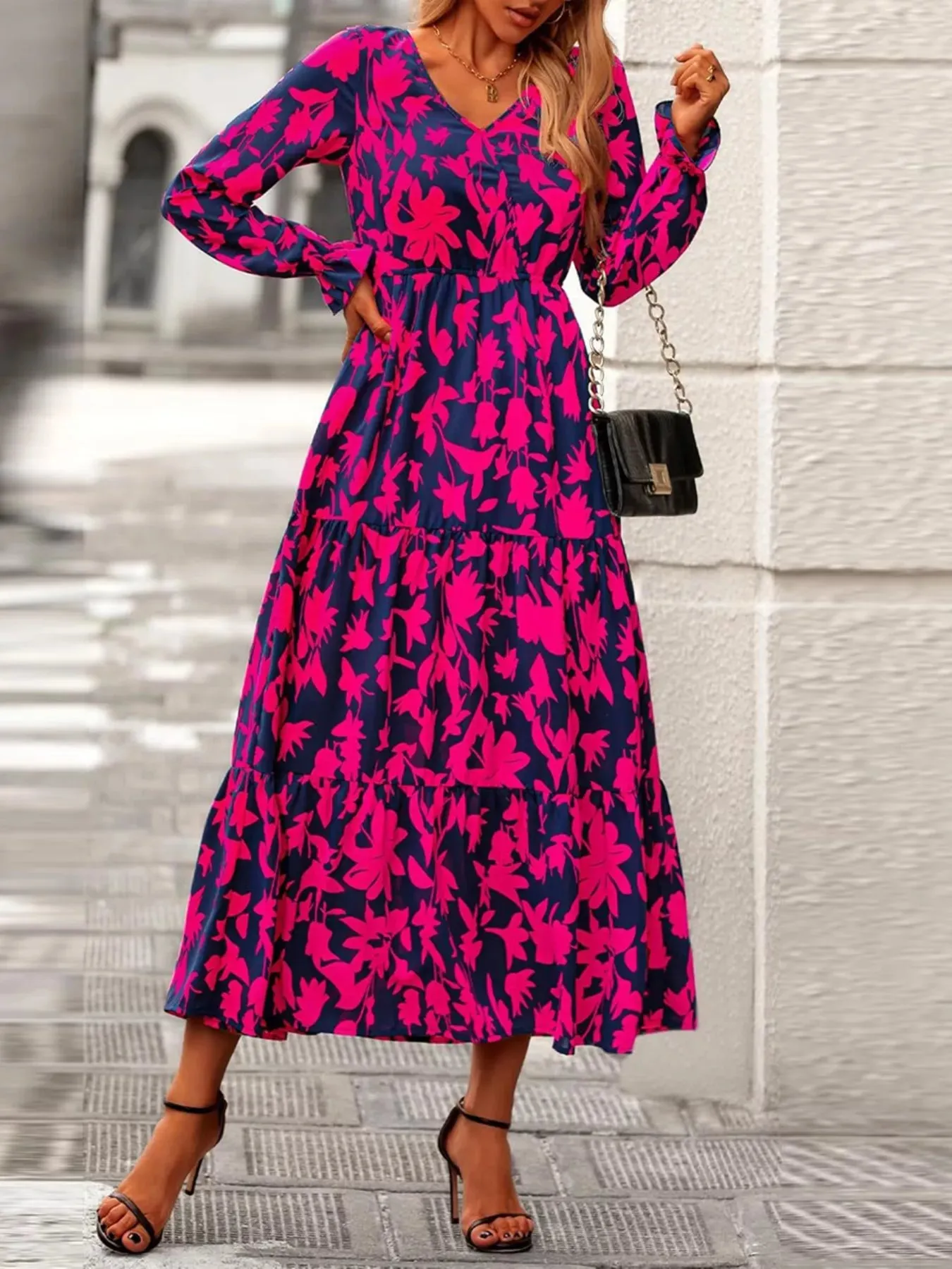 Printed V-Neck Flounce Sleeve Tiered Midi Dress sold by Charming Charlie product image thumbnail 4