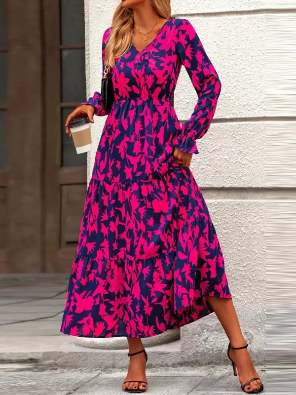 Printed V-Neck Flounce Sleeve Tiered Midi Dress sold by Charming Charlie