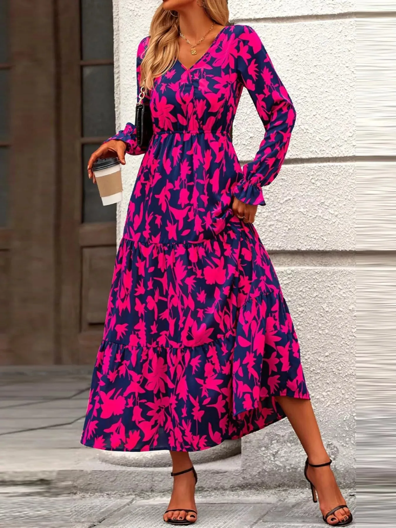 Printed V-Neck Flounce Sleeve Tiered Midi Dress sold by Charming Charlie