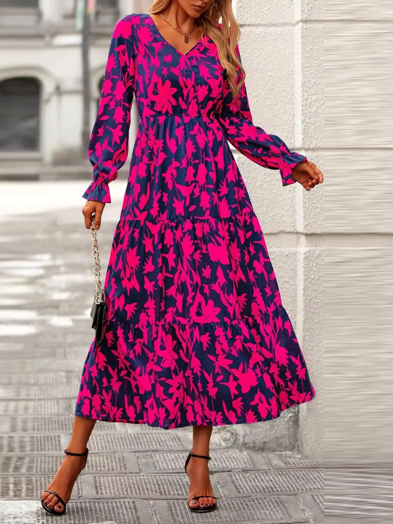 Printed V-Neck Flounce Sleeve Tiered Midi Dress sold by Charming Charlie product image thumbnail 5