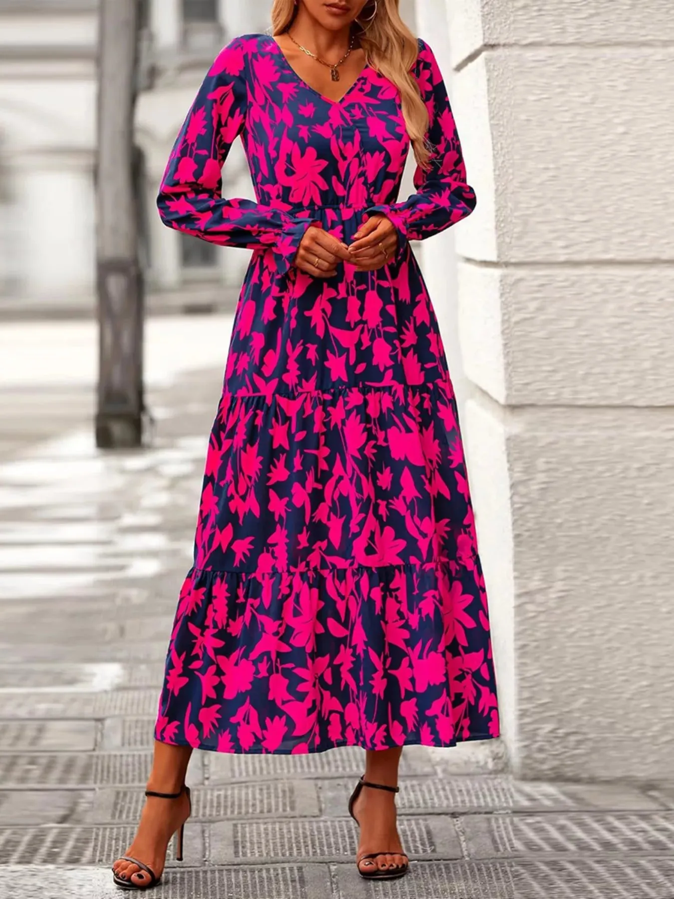 Printed V-Neck Flounce Sleeve Tiered Midi Dress sold by Charming Charlie product image thumbnail 2