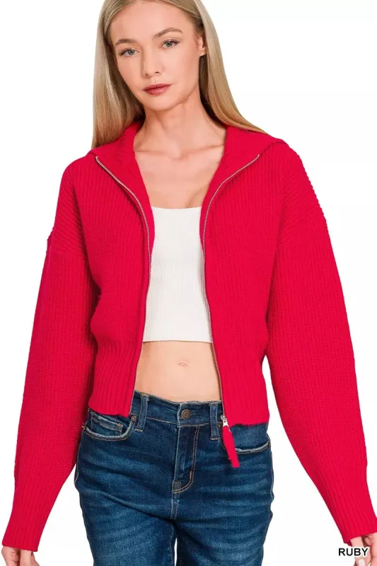 Zenana Ribbed Collared Zip Up Sweater Cardigan sold by Charming Charlie