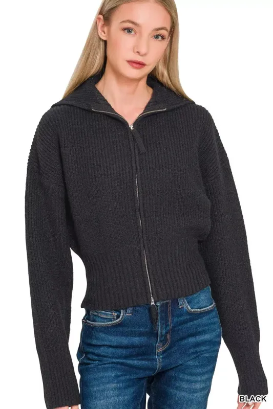 Zenana Ribbed Collared Zip Up Sweater Cardigan sold by Charming Charlie