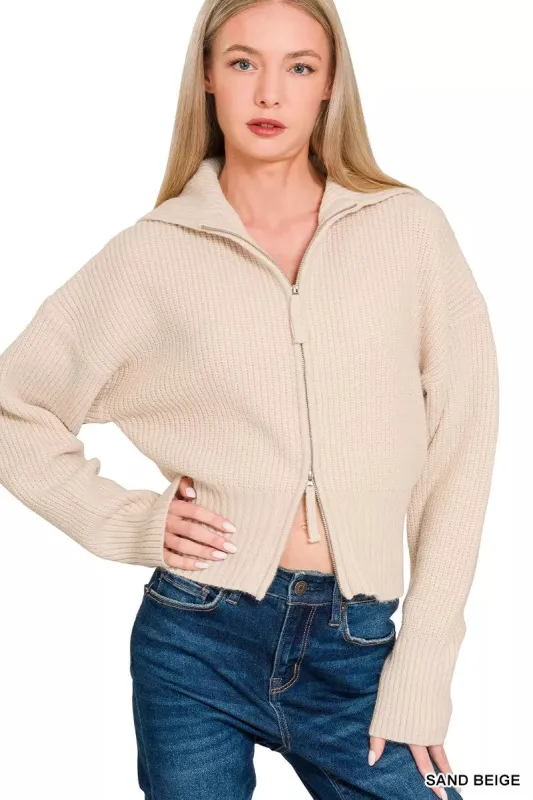Zenana Ribbed Collared Zip Up Sweater Cardigan sold by Charming Charlie