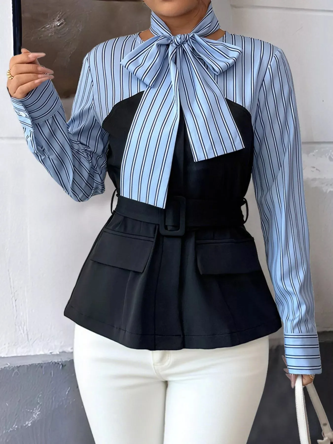 Striped Long Sleeve Blouse with Bow Tie sold by Charming Charlie product image thumbnail 4