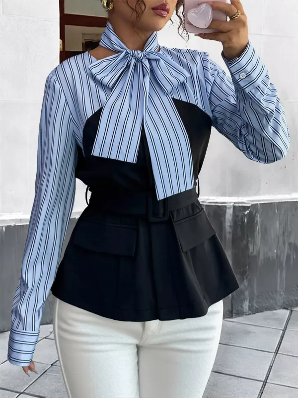 Striped Long Sleeve Blouse with Bow Tie sold by Charming Charlie