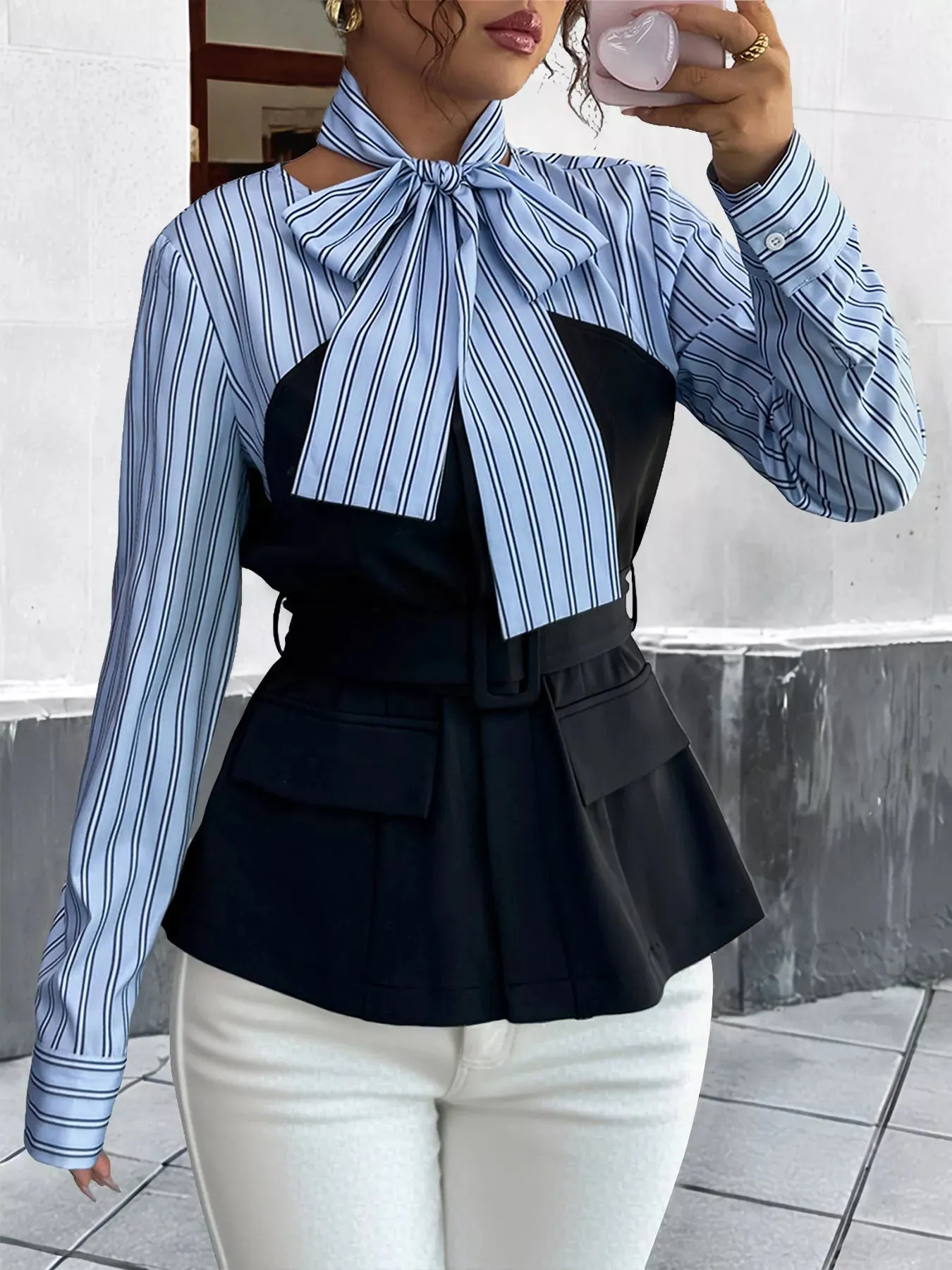 Striped Long Sleeve Blouse with Bow Tie sold by Charming Charlie